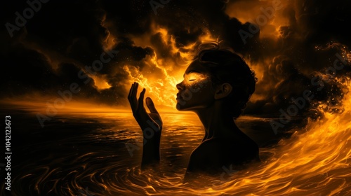 Silhouette of a Woman Immersed in Fiery Energy, Symbolizing Inner Vision and Spiritual Awakening