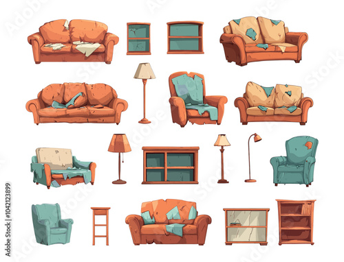 Broken furniture remains cartoon vector set. Old couch sofa chair cupboard floor lamp table torn upholstery dirty dusty ruined abandoned home decor, isolated illustrations on white background