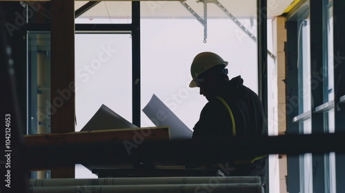 A man in a safety vest is drawing a plan on a piece of paper