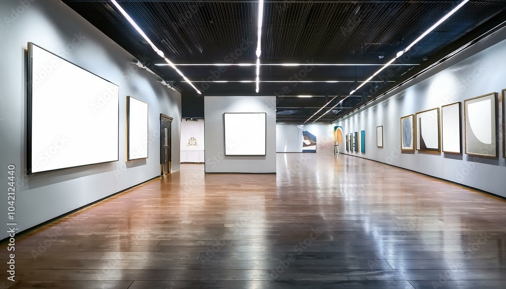 SImple empty concrete gallery interior with window and city view, mock up place on walls and daylight. Museum concept. 3D Rendering SImple empty concrete gallery interior with window and city view, mock up place on walls and daylight. Museum concept. 3D Rendering