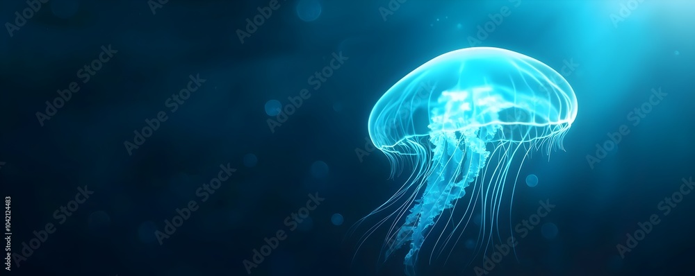 Ethereal Neon Jellyfish Glowing in Dark Ocean - Mesmerizing Deep Sea Ambiance with Illuminated Tentacles for Stunning Underwater Visuals Ethereal Neon Jellyfish Glowing in Dark Ocean - Mesmerizing Deep Sea Ambiance with Illuminated Tentacles for Stunning Underwater Visuals