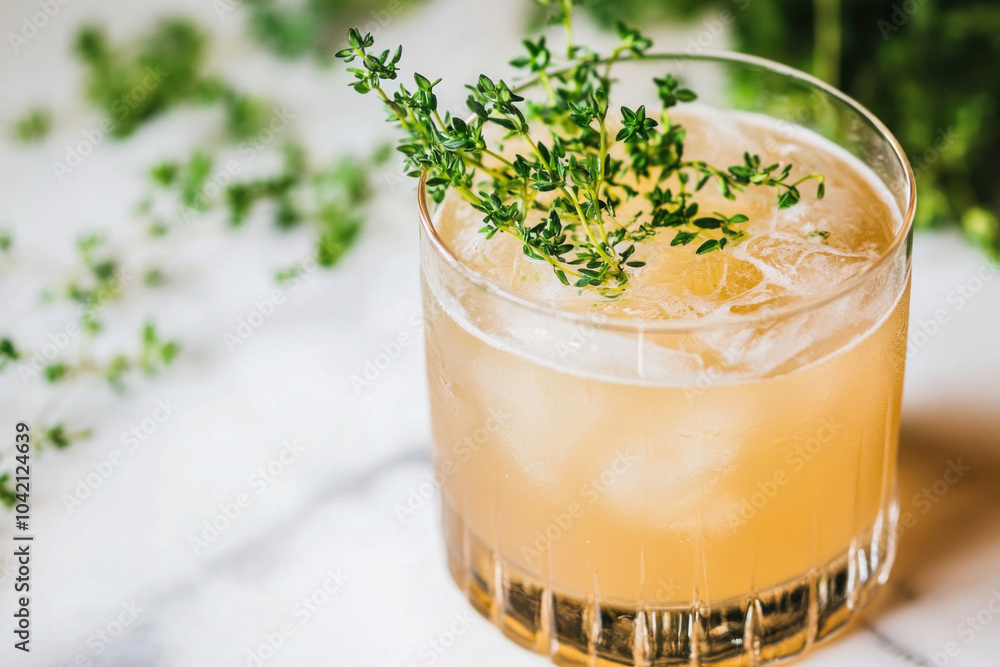 Refreshing summer cocktail with thyme sitting on marble countertop Refreshing summer cocktail with thyme sitting on marble countertop
