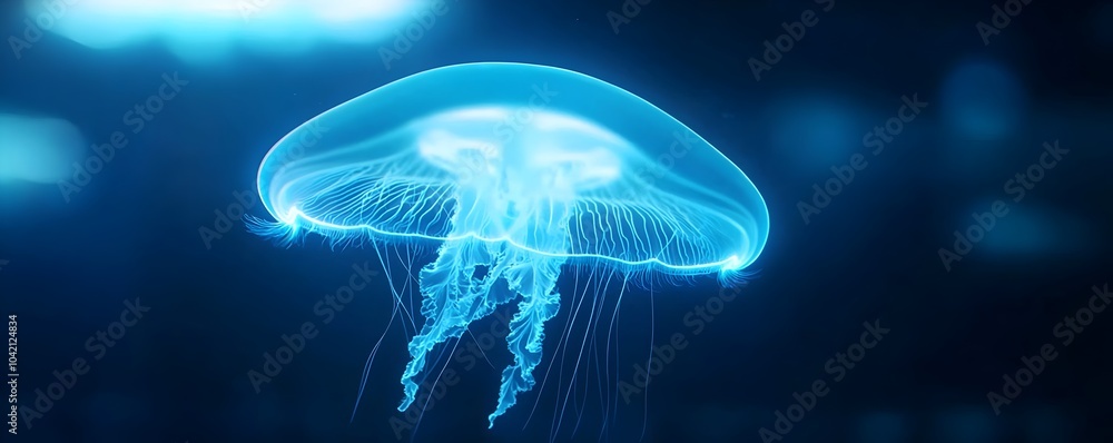 Fototapeta premium Mesmerizing Luminous Jellyfish in Dark Underwater Abyss - Soft Pulses of Glow Create a Stunning Marine Spectacle