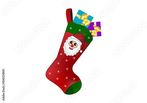 Icono del calcetín de Santa Claus con regalos. Adorno navideño