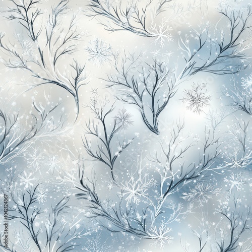 An artistic winter pattern featuring delicate,frosted branches intertwined with snowflakes on a soft gradient background