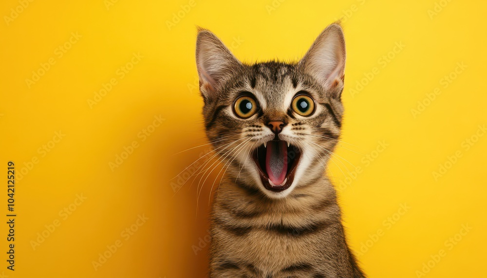 Obraz premium A surprised tabby cat with wide eyes and an open mouth against a bright yellow background, conveying a sense of excitement or curiosity.
