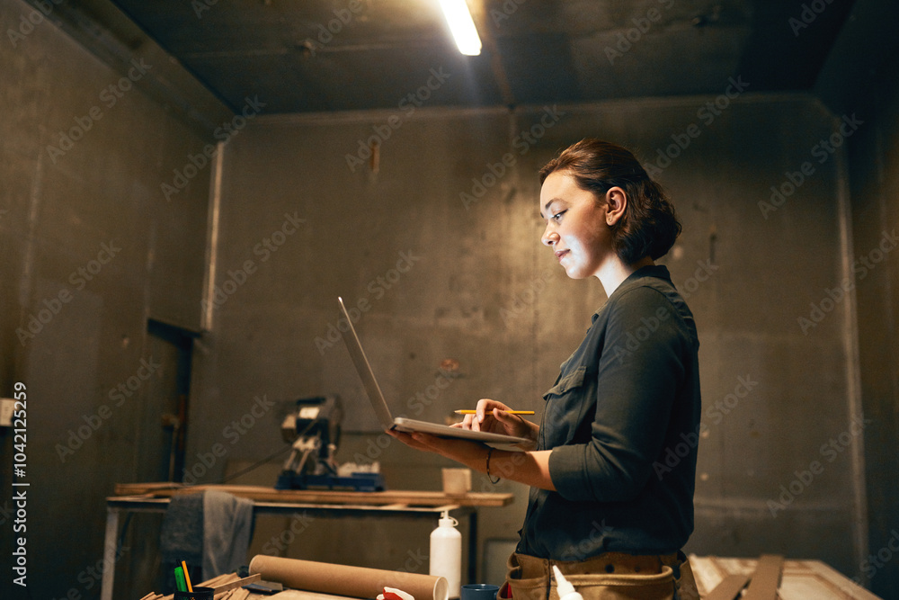 Laptop, carpenter and night with woman in workshop for furniture designer, building supplier and project. Woodworking, CAD software and planning with person for manufacturing, production and stock Laptop, carpenter and night with woman in workshop for furniture designer, building supplier and project. Woodworking, CAD software and planning with person for manufacturing, production and stock