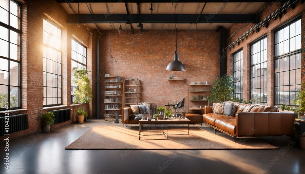 Spacious industrial loft with warm lighting and exposed brick wall. Generative AI Spacious industrial loft with warm lighting and exposed brick wall. Generative AI
