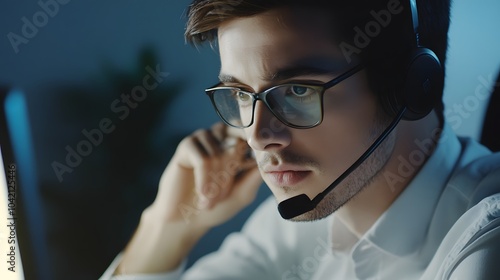 Focused young man wearing glasses and a headset works at his computer. photo