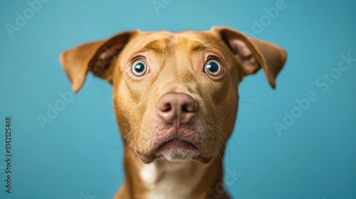 A surprised-looking brown dog with expressive eyes against a blue background.