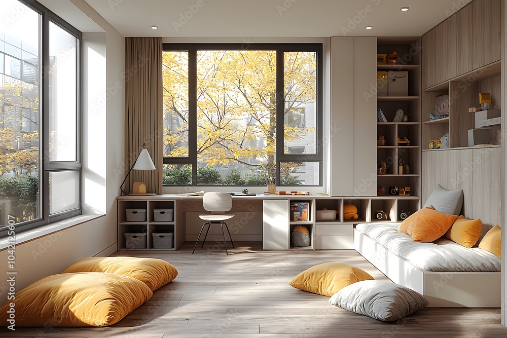Cozy autumn minimalist room with large windows and yellow accents Cozy autumn minimalist room with large windows and yellow accents