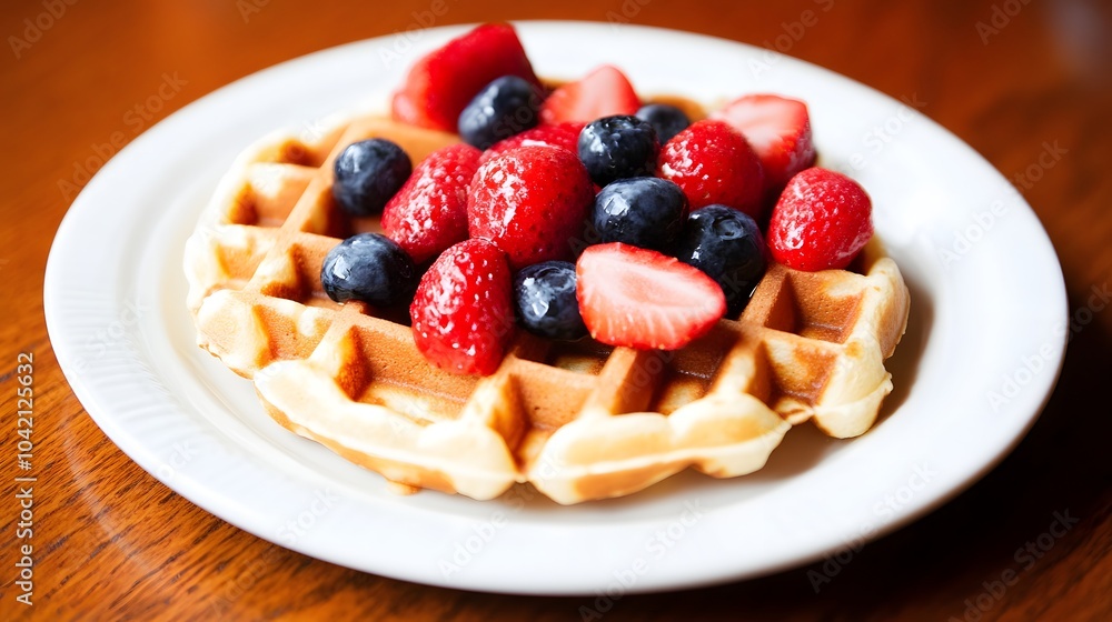 A waffle topped with fresh strawberries and blueberries. A waffle topped with fresh strawberries and blueberries.