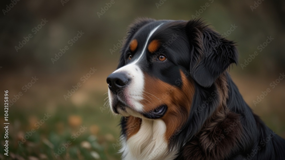 A Bernese Mountain Dog with a serious expression looks directly at the camera. A Bernese Mountain Dog with a serious expression looks directly at the camera.