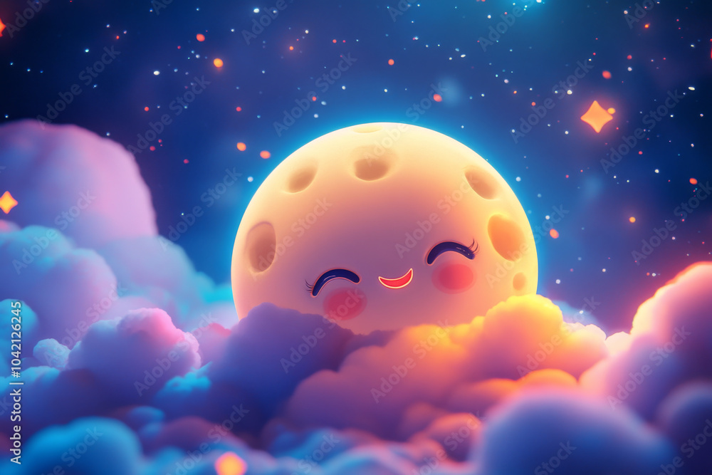cartoon moon peeks above fluffy clouds in a starry, colorful night sky background cartoon moon peeks above fluffy clouds in a starry, colorful night sky background