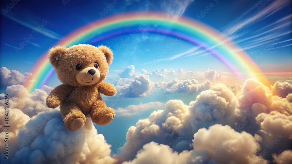 cute bear floating in sky above rainbow cloud background cute bear floating in sky above rainbow cloud background