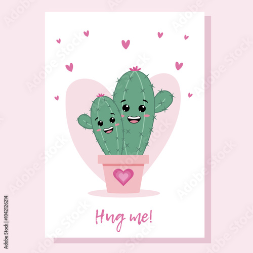 Cactus love couple in kawaii style. Greeting card, postcard, cover, poster, invitation.