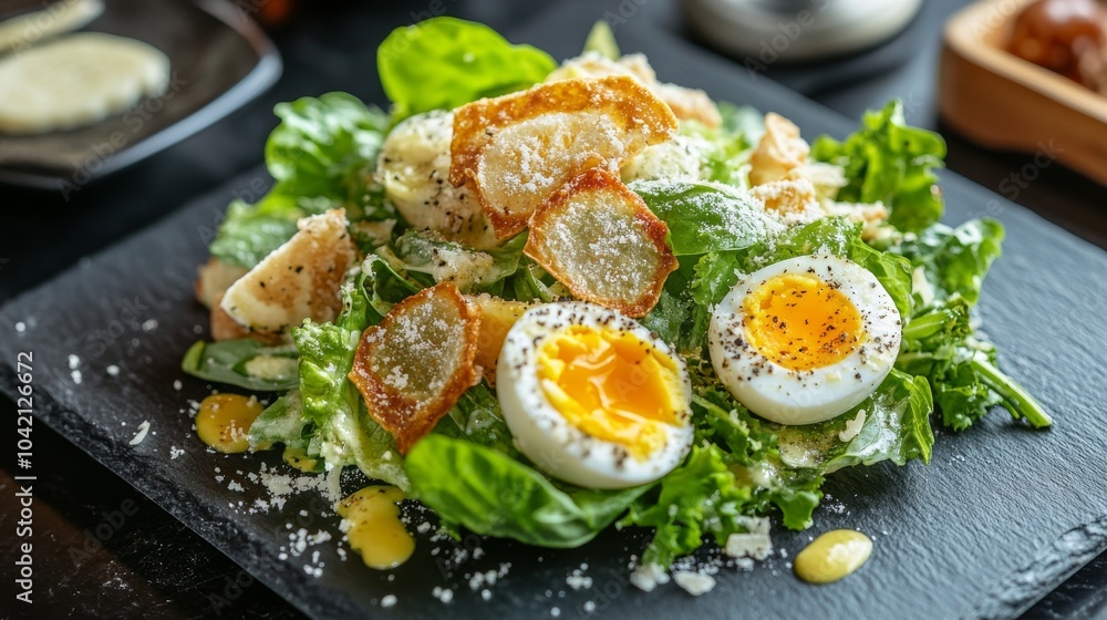 A vibrant salad featuring fresh greens, crispy toppings, and perfectly boiled eggs, served on a sleek slate plate. A vibrant salad featuring fresh greens, crispy toppings, and perfectly boiled eggs, served on a sleek slate plate.