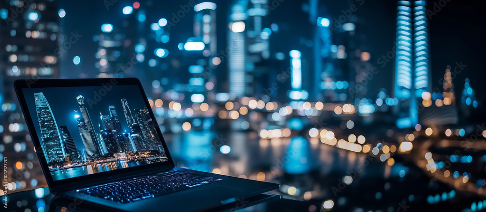 Fototapeta premium Futuristic technology concept with laptop overlooking city nightscape for modern business design
