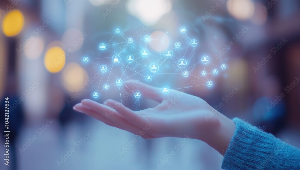 A person holding out their hand with people icons floating above it, symbolizing social network and business connections Generative AI A person holding out their hand with people icons floating above it, symbolizing social network and business connections Generative AI