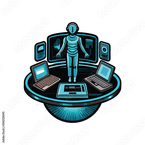 Futuristic virtual assistant hologram floating above a futuristic interface.