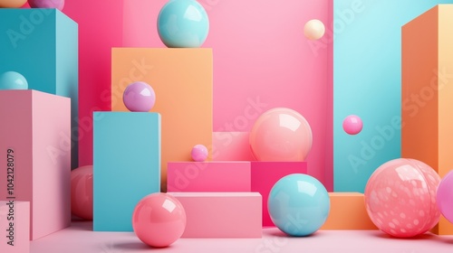 Abstract pastel geometric shapes with glossy spheres