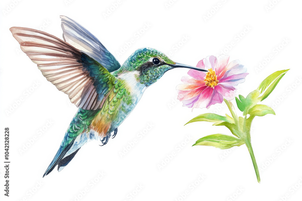 Obraz premium A hand-drawn watercolor illustration of a colorful hummingbird hovering over a flower, its feathers shimmering in shades of green, blue, and pink. This tropical bird is isolated against a white