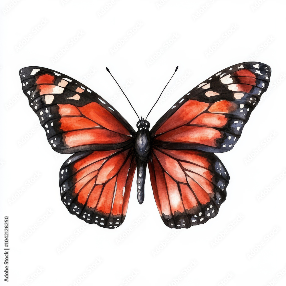 Fototapeta premium A regal monarch butterfly with dark crimson and black wings, hand-painted in watercolor. The isolated butterfly illustration is perfect for Halloween-inspired art or seasonal decor.
