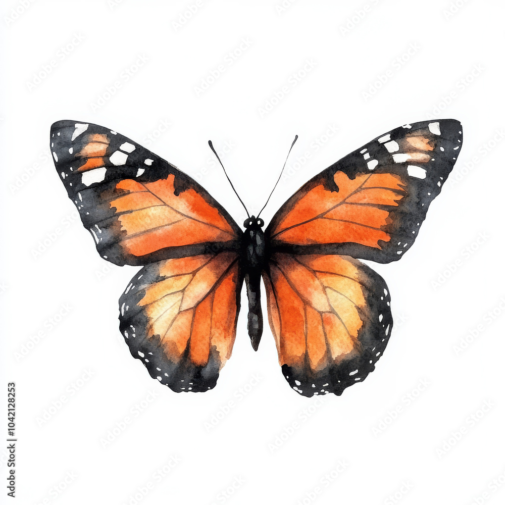 Fototapeta premium A watercolor monarch butterfly with striking orange and charcoal black wings, ideal for Halloween-themed artwork. The hand-painted butterfly is isolated on a white background, perfect for seasonal