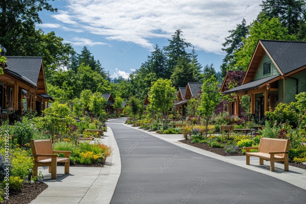 A peaceful, car-free street in a green urban area, lined with benches, native plants, and eco-friendly homes surrounded by trees and community gardens. A peaceful, car-free street in a green urban area, lined with benches, native plants, and eco-friendly homes surrounded by trees and community gardens.