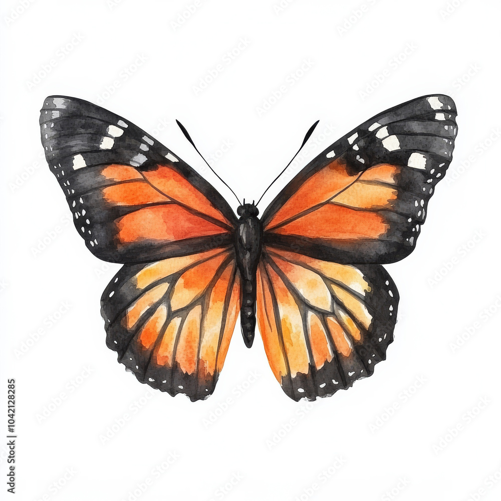 Fototapeta premium A watercolor monarch butterfly with striking orange and charcoal black wings, ideal for Halloween-themed artwork. The hand-painted butterfly is isolated on a white background, perfect for seasonal
