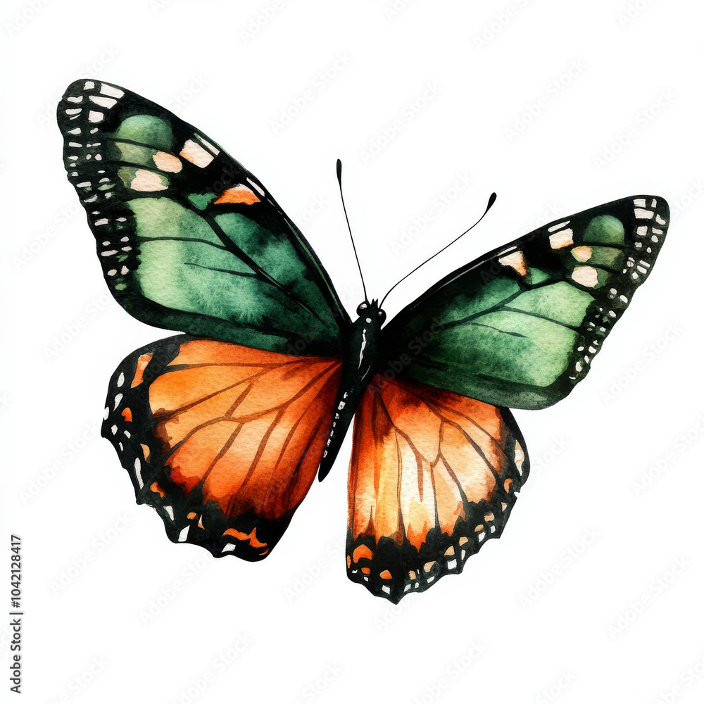 Fototapeta premium A monarch butterfly with vivid orange and deep green wings, accented with black, hand-painted in watercolor. This isolated illustration on a white background brings a fresh take on Halloween designs.