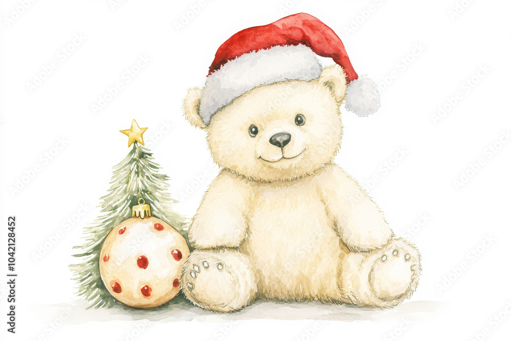 A charming watercolor illustration of a Polar Teddy bear in a Santa hat, sitting beside a Christmas tree ornament. The soft colors and festive details make it perfect for holiday clipart, with an A charming watercolor illustration of a Polar Teddy bear in a Santa hat, sitting beside a Christmas tree ornament. The soft colors and festive details make it perfect for holiday clipart, with an
