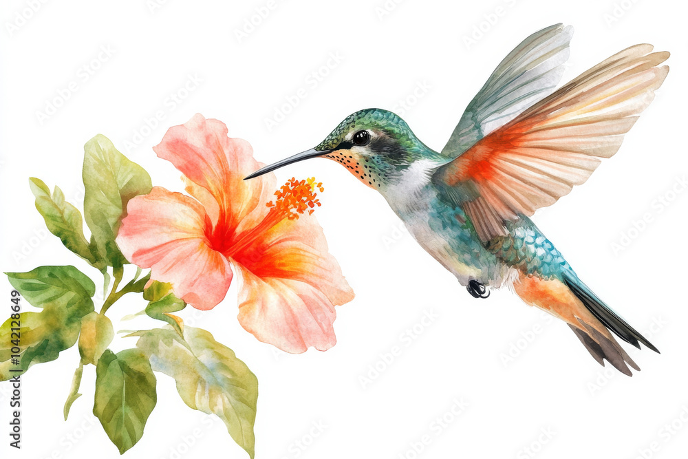 Fototapeta premium A beautiful watercolor illustration of a hummingbird fluttering near a tropical flower, its colorful feathers glowing in the summer sunlight. This hand-drawn bird is isolated on a white background,