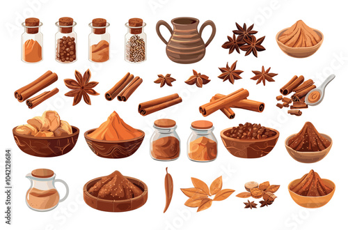 Cinnamon bark powder cartoon vector set. Spoon glass bottles containers plates natural sweet cooking baking spice, ground tree eastern flavoring food confectionery condiment products isolated