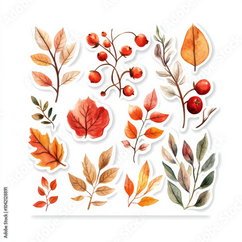 A delightful watercolor sticker set featuring autumn leaves, red berries, and soft fall flowers. The cute, hand-drawn illustrations on a white background create a cozy autumn feel, perfect for