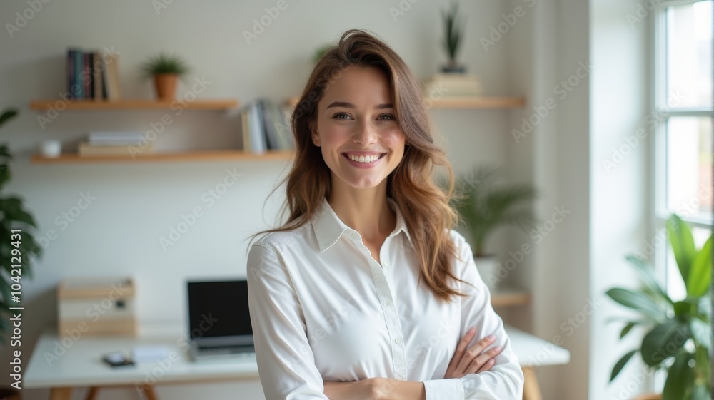Businesswoman smiling in a minimalist office setting. Businesswoman smiling in a minimalist office setting.