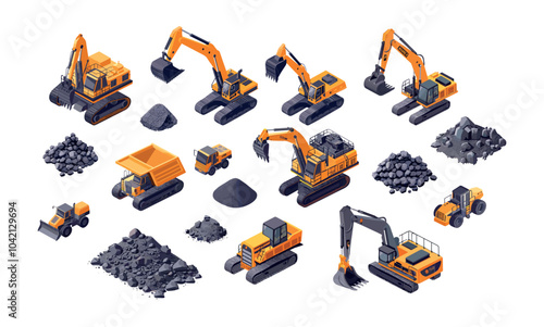 Coal mine digging excavation isometric vector set. Caterpillar excavator dump trucks prospectors workers quarry facility, heavy mining minerals machinery production plant, isolated illustrations