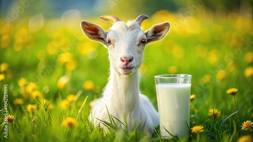 Fototapeta Naklejka Na Ścianę i Meble -  Cute goat on green summer meadow with organic goat milk
