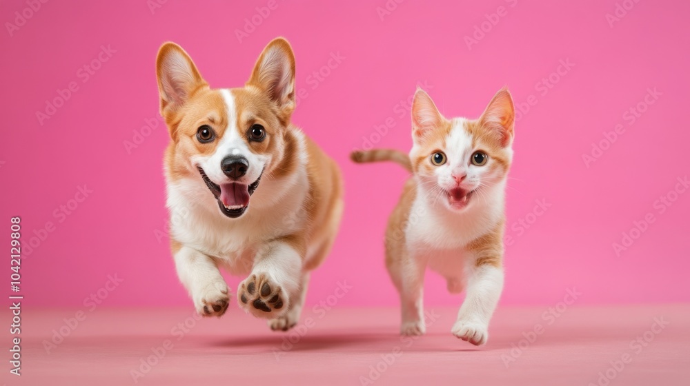 A joyful corgi and a playful kitten are running side by side against a vibrant pink background A joyful corgi and a playful kitten are running side by side against a vibrant pink background