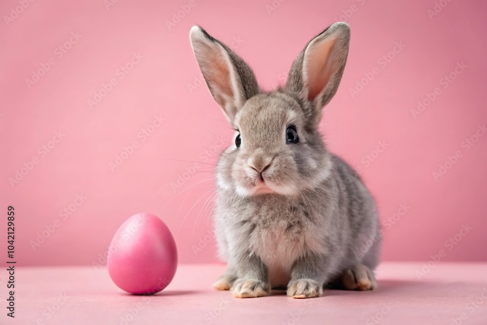 Fototapeta premium Cute gray bunny with Easter egg on pink background Long Shot