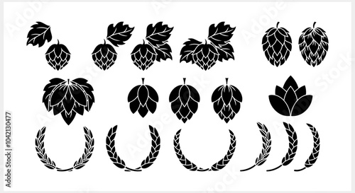 Hop cone with leaves and wreath wheat. Design element for logo, emblem, restaurant menu, craft beer pub, brewery. Vector stock illustration