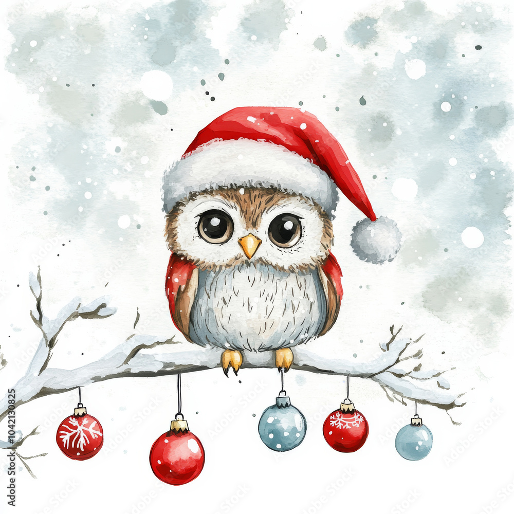 A cute watercolor owl wearing a red Santa hat, perched on a snowy branch with Christmas baubles hanging around. The hand-drawn illustration is perfect for a festive holiday greeting card or winter A cute watercolor owl wearing a red Santa hat, perched on a snowy branch with Christmas baubles hanging around. The hand-drawn illustration is perfect for a festive holiday greeting card or winter