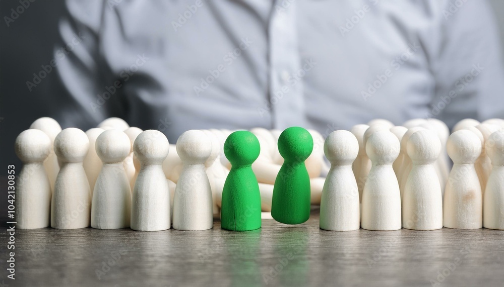 Thinking outside the box concept with green human wooden figure falls out of line of white figures Thinking outside the box concept with green human wooden figure falls out of line of white figures