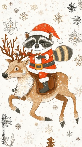 In flat vector line art, an adventurous raccoon in Santa clothes rides a reindeer, depicted from above, amid falling snowflakes, enveloped in a wintry Christmas atmosphere on white