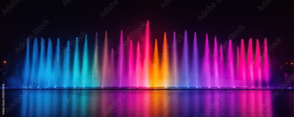 Vibrant water fountain display with colorful lights at night, creating a magical visual experience. Vibrant water fountain display with colorful lights at night, creating a magical visual experience.