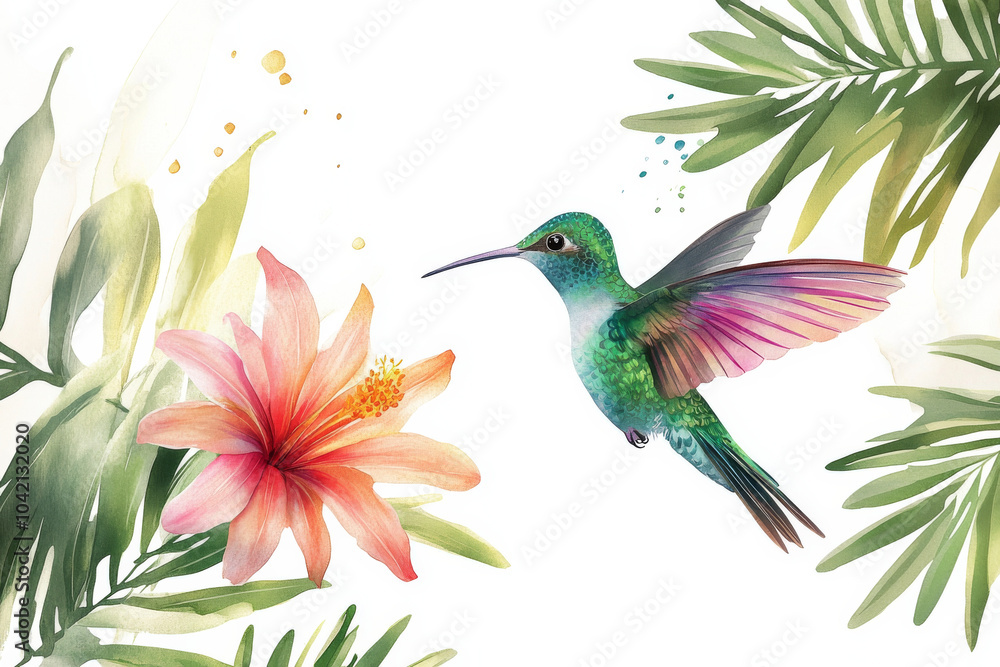 Fototapeta premium A beautiful watercolor illustration of a hummingbird fluttering near a tropical flower, its colorful feathers glowing in the summer sunlight. This hand-drawn bird is isolated on a white background,