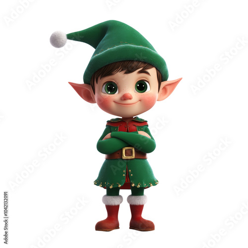 cute little kid wearing green elf Christmas costume on white background. Generative AI