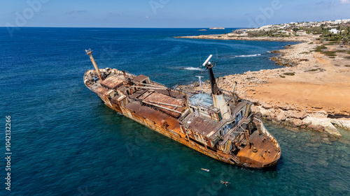 drone photo of a shipwreck in Cyprus that has been stranded for years and is a tourist attraction