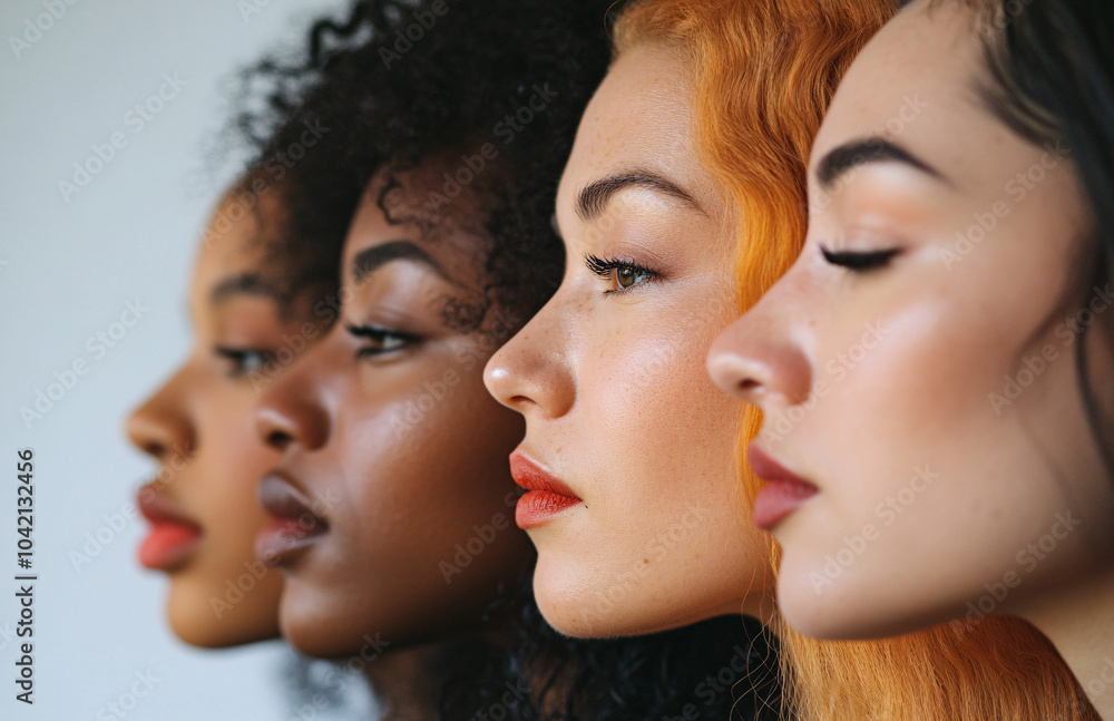Multi-ethnic beauty and friendship. Group of beautiful different ethnicity women on background, Diversity, beauty and portrait of women from above with smile, self love and solidarity in studio.
Multi-ethnic beauty and friendship. Group of beautiful different ethnicity women on background, Diversity, beauty and portrait of women from above with smile, self love and solidarity in studio.