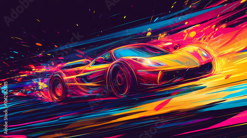 Abstract colorful paint stroke sports car racing vehicle background,generative ai. Neon Graffiti. Illustration photo